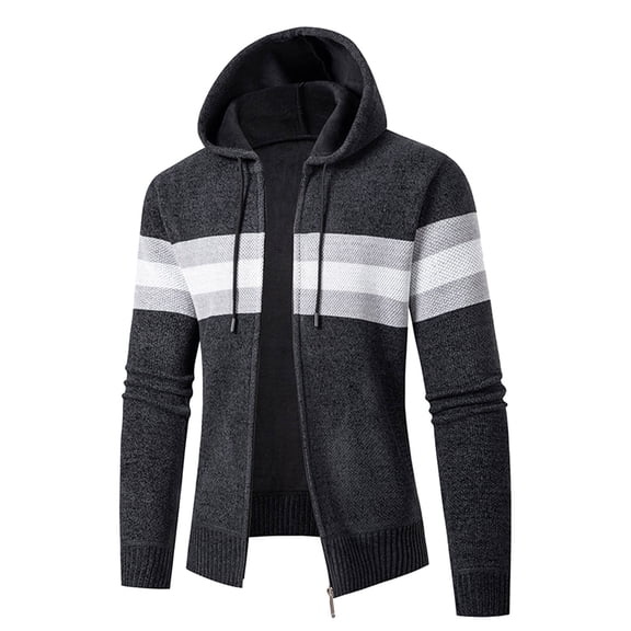 SUYIDA Men's Fall Winter Sweater,Autumn And Winter Casual Style Colour Blocked Hooded Long Sleeved Knitted Cardigan