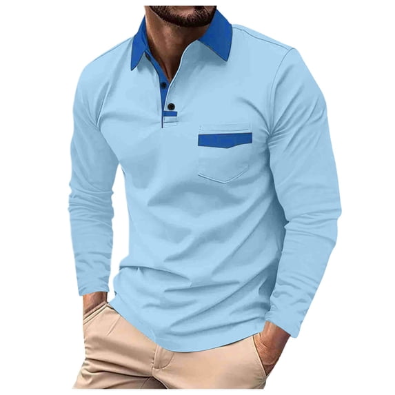 SUYIDA Polo Long Sleeve Shirts for Men Patchwork Lapel Casual Button Down Cotton Top for Autumn Holiday Outfit Stylish Big And Tall Long Sleeve Polo Shirts