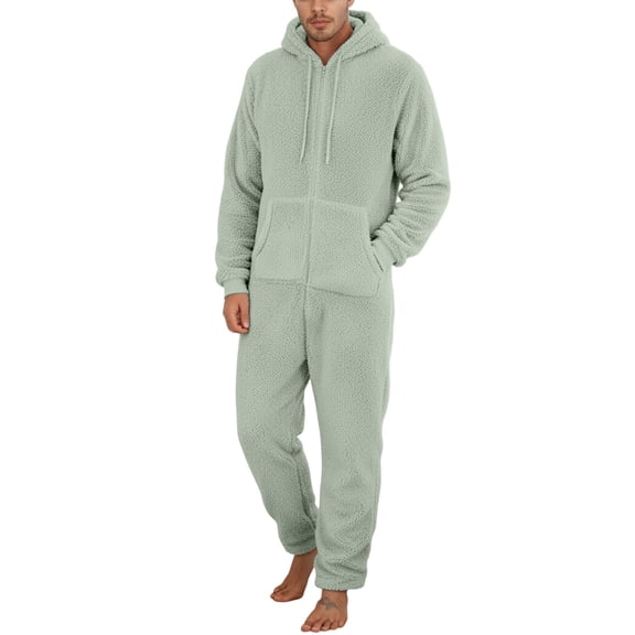SUYIDA Men's Hooded Onesie Pajamas Lightweight Fuzzy Fleece Zip Up Jumpsuit Long Sleeve Long Pants One Piece Pjs
