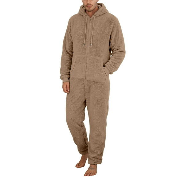 SUYIDA Men's Hooded Onesie Pajamas Lightweight Fuzzy Fleece Zip Up Jumpsuit Long Sleeve Long Pants One Piece Pjs