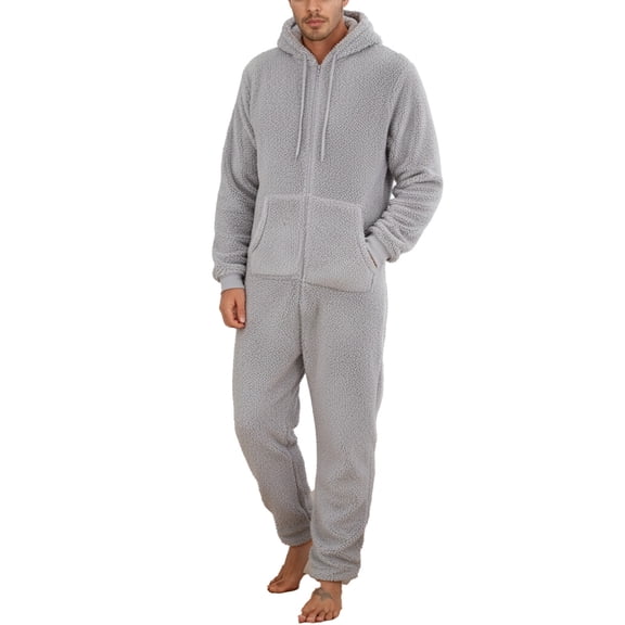 SUYIDA Men's Hooded Onesie Pajamas Lightweight Fuzzy Fleece Zip Up Jumpsuit Long Sleeve Long Pants One Piece Pjs