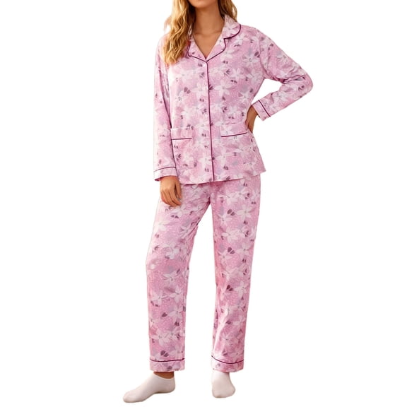 SUYIDA Pajamas for Women Satin Pajamas Set 2Pcs Long Sleeve Print Pattern Button Down Pjs Sleepwear Loungewear Set