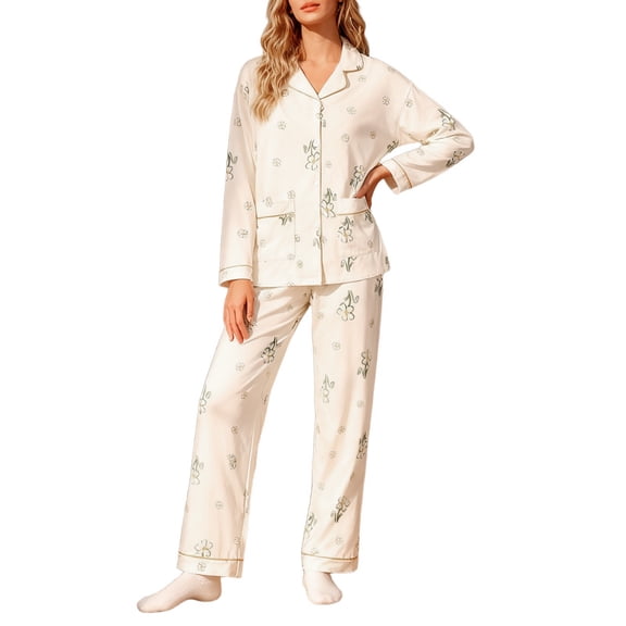 SUYIDA Pajamas for Women Satin Pajamas Set 2Pcs Long Sleeve Print Pattern Button Down Pjs Sleepwear Loungewear Set