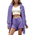 thumbnail image 1 of SUYIDA Pyjamas Set for Women Winter,Soft Flannel Pajama Set Long Sleeve Crop Top With Shorts Cozy Three Piece Loungewear For Home Relaxation And Comfortable Sleepwear Outfit - Dark Purple, 1 of 4