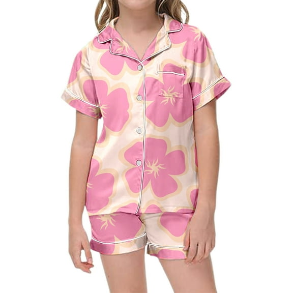 SUYIDA Satin Pajamas for Girls Graphic Print Comfortable Short Sleeve Pjs Button Down Girls' Sleepwear Two-Piece Pj Sleepwear Sets Hot Pink,110