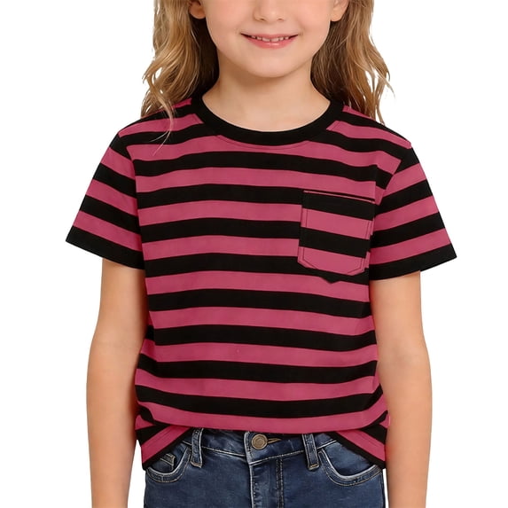 SUYIDA Stylish Striped Short Sleeve Tee With Chest Pocket For Boys And Girls Comfortable Casual And Play Wear Hot Pink,3-4 Years