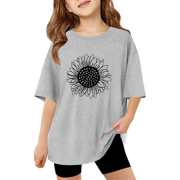 SUYIDA Teen Girl Shirts Cute Print Short Sleeve T-Shirt Crew Neck Trendy Oversized Tees Tee for Toddler & Kids Grey,140