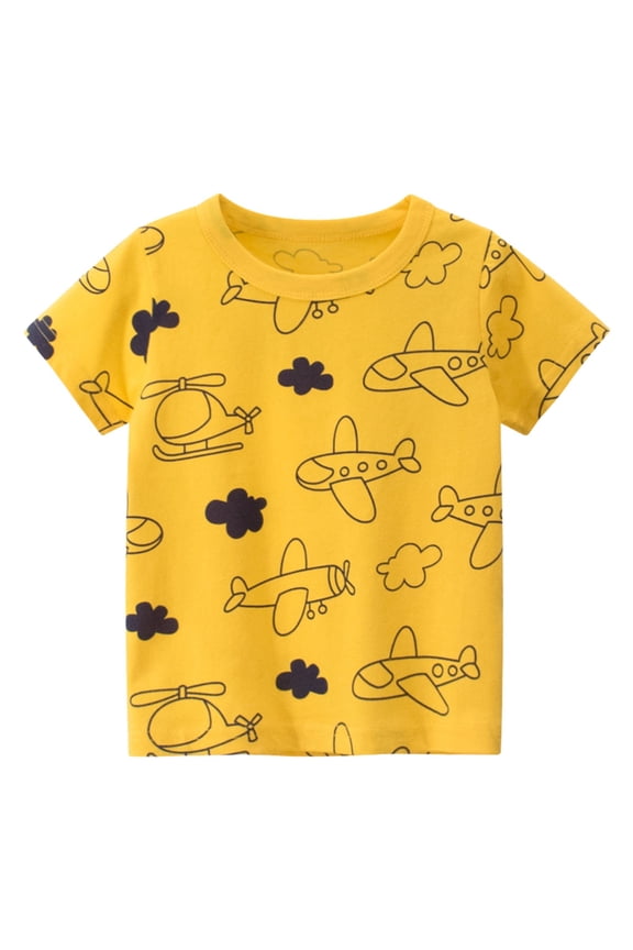 Toddler Boys Airplane Print Casual Short Sleeve Tee Shirt Breathable Round Neck Top For Daily Outdoor Play And Activities Yellow,4-5 Years