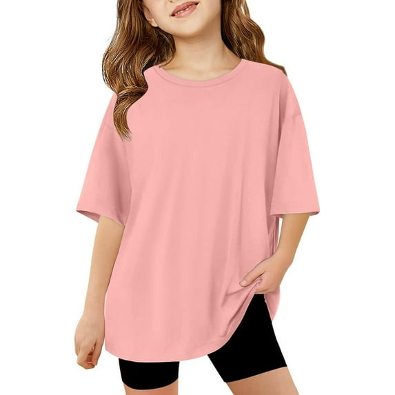 SUYIDA Toddler Girl Shirt Solid Color Casual Short Sleeve T Shirts Round Neck Oversized Tops Girls Summer Tops T-Shirts Pink,110