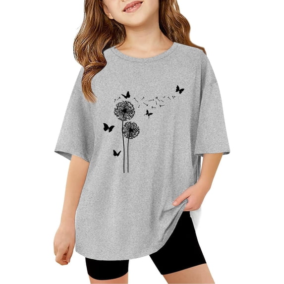 SUYIDA Toddler Girls Shirts Cute Print Short Sleeve T Shirts Comfy Round Neck Basic Tees Girls' Tops, Tees & Blouses Grey,130