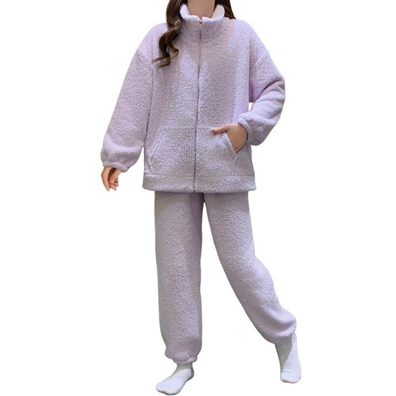 SUYIDA Winter Nightgowns for Women,Flannel Pajama Set For Winter Thermal Sleepwear With Elegant Jacquard Design Cozy Long Sleeve Loungewear Two Piece Outfit Ideal Cold Weather Comfort - Purple