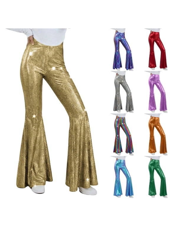 Women Flare Pants Shiny Metallic Bell Bottom Pant 70s Disco Wide Leg Pants High Waist Dance Yoga Leggings for Rave Festival