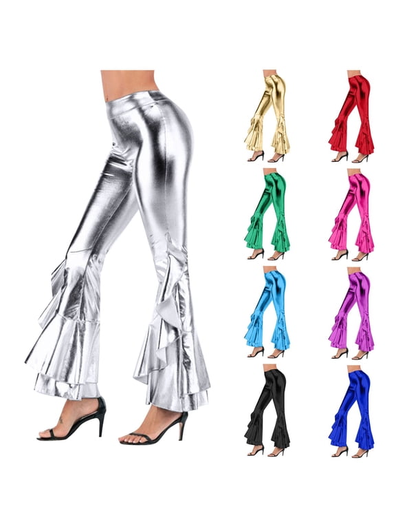 Women Shiny Metallic Bell Bottom Bootcut Palazzo Leggings 70s Disco Wide Leg Pants High Waist Dance Yoga Trousers