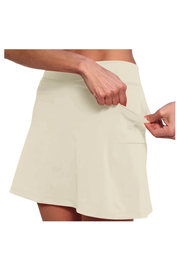 Women's Athletic Skorts Pleated High Waisted Solid Color Slim Sport Skirt Active Skirts for Woman with Pockets Beige,XL