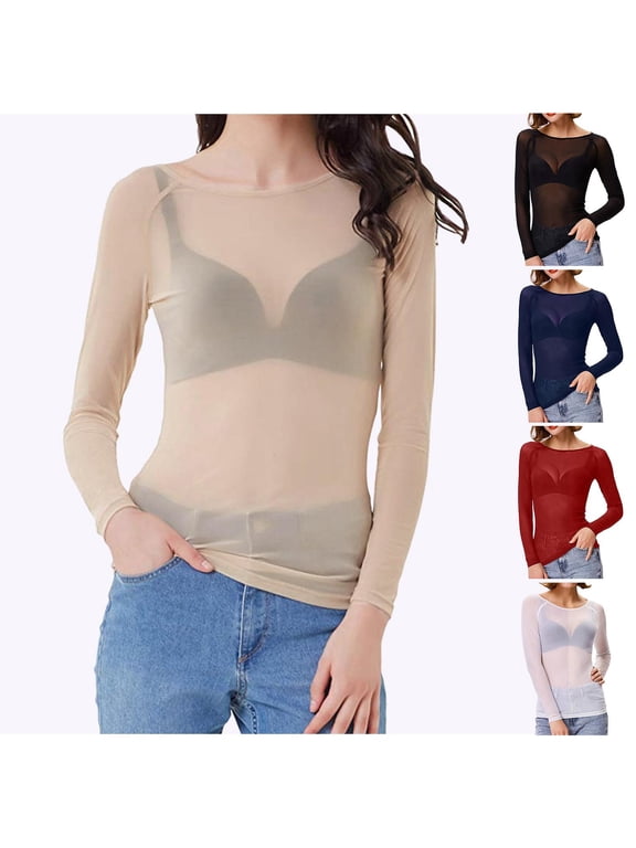 Women's See Through Long Sleeve Seamless Arm Mesh Top Blouse T-Shirt Casual Sheer Stretchy Comfortable Fashion Knit Pullover Breathable Lightweight Modern Soft Slim Fit