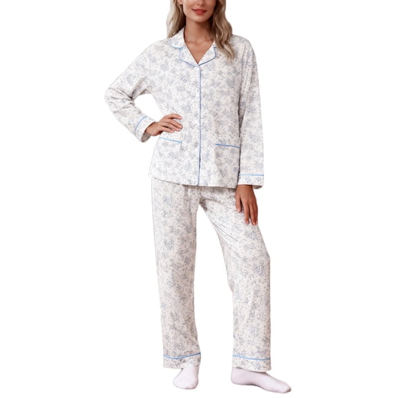SUYIDA Womens Pajama Sets Floral Print, Cotton Long Sleeve Button Down Pajamas Set for Women Soft Sleepwear Pjs 2 piece Loungewear