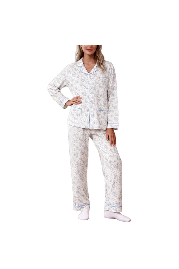 Womens Pajama Sets Floral Print, Cotton Long Sleeve Button Down Pajamas Set for Women Soft Sleepwear Pjs 2 piece Loungewear