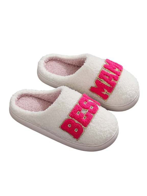 Womens Slippers - Cozy Embroidered Letter Knit Slippers For Women Warm Thick Soled Home Footwear With Comfort Indoor Casual