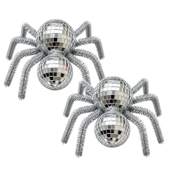 SUYOLL 2Pcs Halloween Silver Disco Spider Tabletop Decoration, Unique Mirror Ball Spider Ornament for Halloween Party Home Desktop Decor