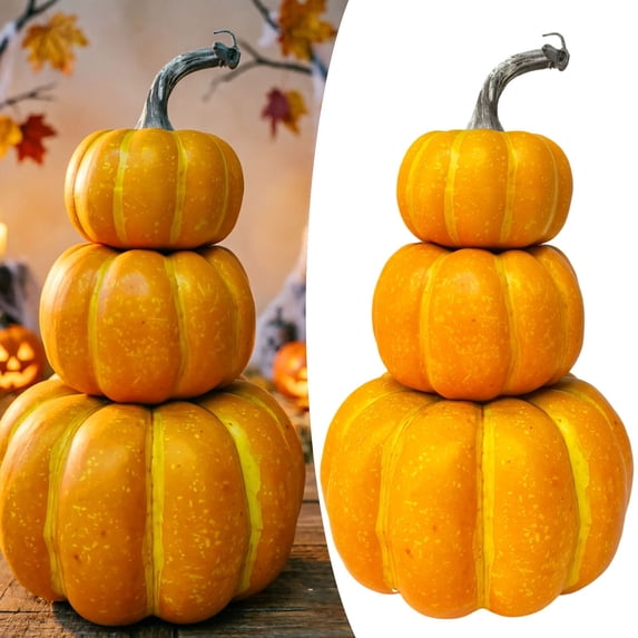 SUYOLL 3 Tier Stacked Pumpkin Realistic Foam Pumpkin Stack With Fall Halloween Decorations Indoor Tabletop Centerpiece Ornament Decal