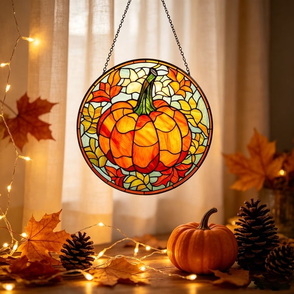 SUYOLL Autumn Pumpkin Stained Glass Window Hanging Fall With Leaves & Thanksgiving And Halloween Decorations Window For Home & Kitchen Outdoor Indoor Decal