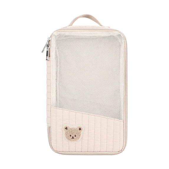 SUYOLL Beige Cartoon Bear Quilted Mesh Storage Pouch Organizer Cube Portable For Travel Toiletries Organization Saving Space