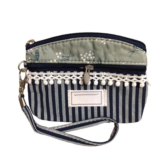 SUYOLL Blue-Grey Striped Purse Fresh Garden Double Zipper Small Purse Cute Mini Pouch Portable Zipper Wallet For Girls Lightweight Cosmetic Bag Daily Use
