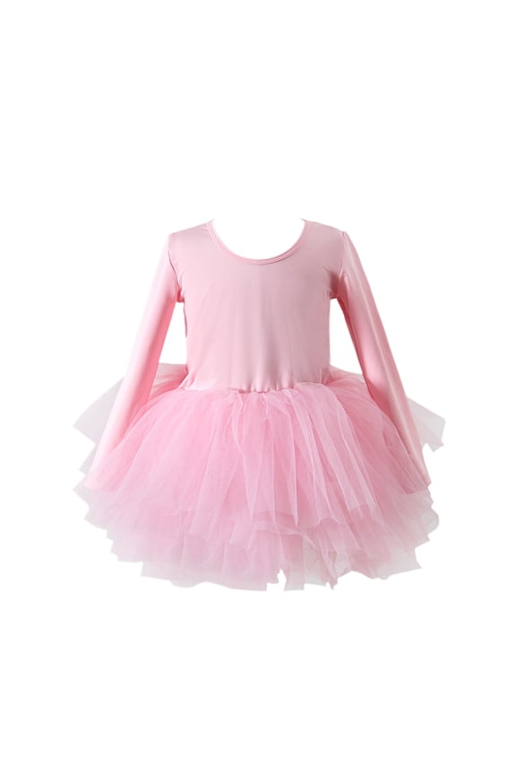 Children Girls Dance Dresses Performance Tutu Skirt Long Sleeve Round Neck Chiffon Ballet Outfit Summer Fall Recital Casual Chic Dress3-10 Years