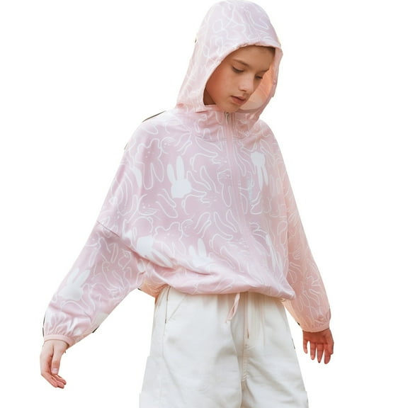 SUYOLL Children Girls Sun Protective Coat Zip Up Hooded Jacket Lightweight Breathable Outerwear Fashion Prints Casual and Outdoor Coat 3-14 Years Holiday Vacation Beach