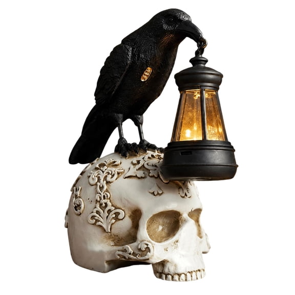 SUYOLL Halloween Decorations Crow Skull Night Light Gothic Resin Lamp For Bedroom Bookshelf Spooky Party Decor White