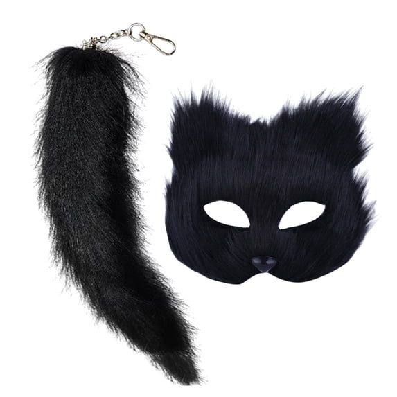 SUYOLL Halloween Plush Half Face Mask With Tail Set Soft Faux Animal Mask Cosplay Accessory For Adult Men Women Party Stage Masquerade Costume Prop