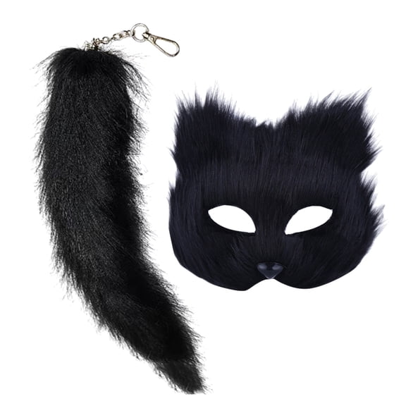 SUYOLL Halloween Plush Half Face Mask With Tail Set Soft Faux Animal Mask Cosplay Accessory For Adult Men Women Party Stage Masquerade Costume Prop