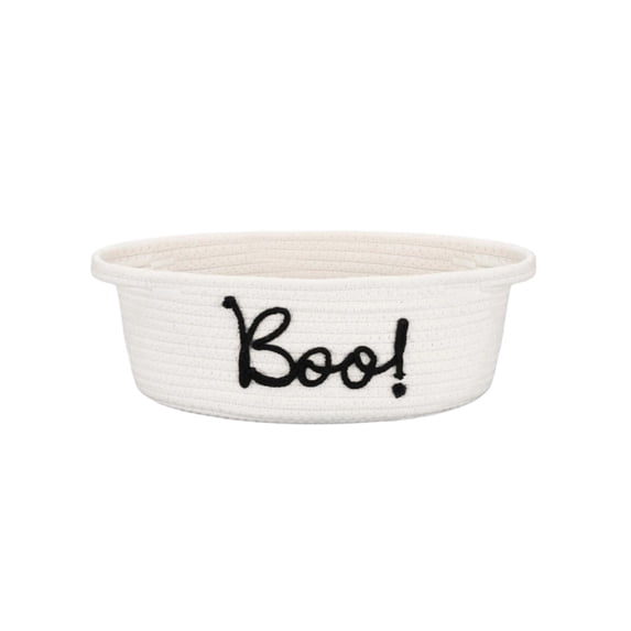 SUYOLL Halloween Woven Storage Basket with Boo Letter Print, Oval Basket with Handles, Trick or Treat Candy Bowl for Halloween Party Tabletop Home Decoration
