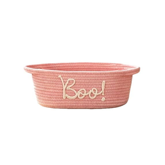 SUYOLL Halloween Woven Storage Basket with Boo Letter Print, Oval Basket with Handles, Trick or Treat Candy Bowl for Halloween Party Tabletop Home Decoration