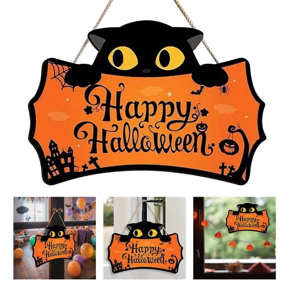 SUYOLL Happy Halloween Decorations Sign Front Door Cute Cat Halloween Decorations Front Door Decor Door Sign Cute Cat Wall Wall Sign Plaque For Halloween Decorations Party Decal