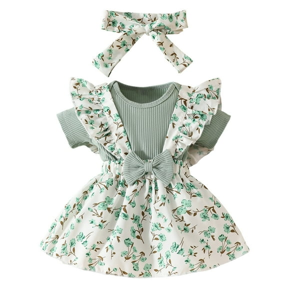 SUYOLL Infant Girls Summer Dress Floral Lace Edged Frills Short Sleeved Shirt Play Suit Headscarf 3 Piece Set Princess Casual Dresses