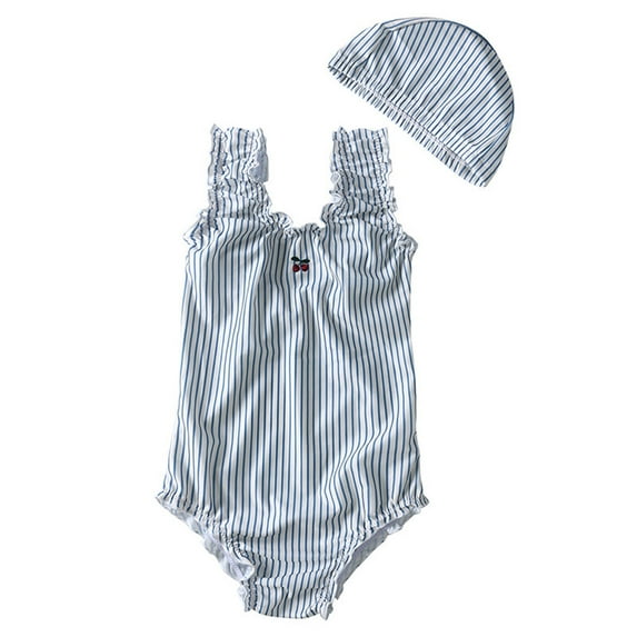 SUYOLL Girls Swim Suit Floral Striped Dot Sleeveless Bathing Suit Bikini Tankini Swimwear Hat Sun Protection Swimwear