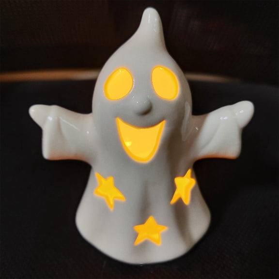 SUYOLL Light Up Ghost Figurine with Star Cutouts Warm LED Glowing Ghost Statue Halloween Decorations Indoor Tabletop Decor Decal