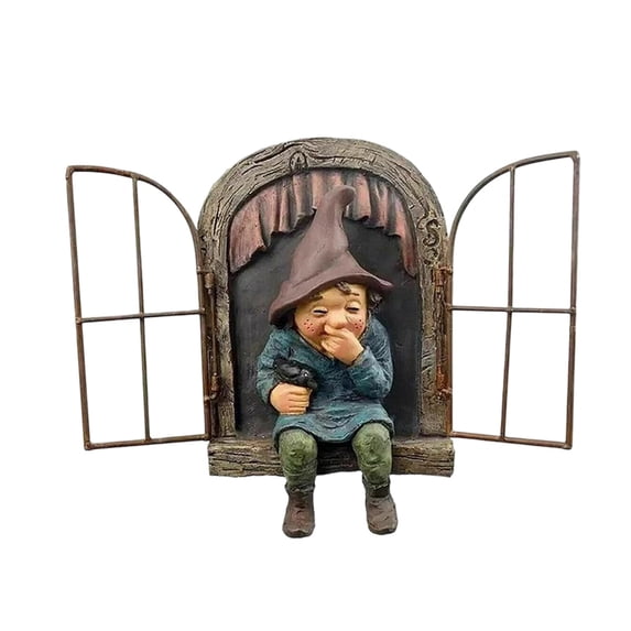 SUYOLL Outdoor Garden Gnomes Windows Sculpture Decorative Statue Art Figurine For Patio Yard Weather Stone Finish Ornament