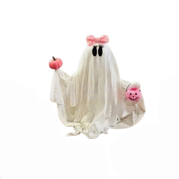 SUYOLL Pink Bow Ghost Figurine with Mini Pink Pumpkin and Candy Bucket Cute Tulle Ghost Statue Halloween Decorations Indoor Table Decor Decal