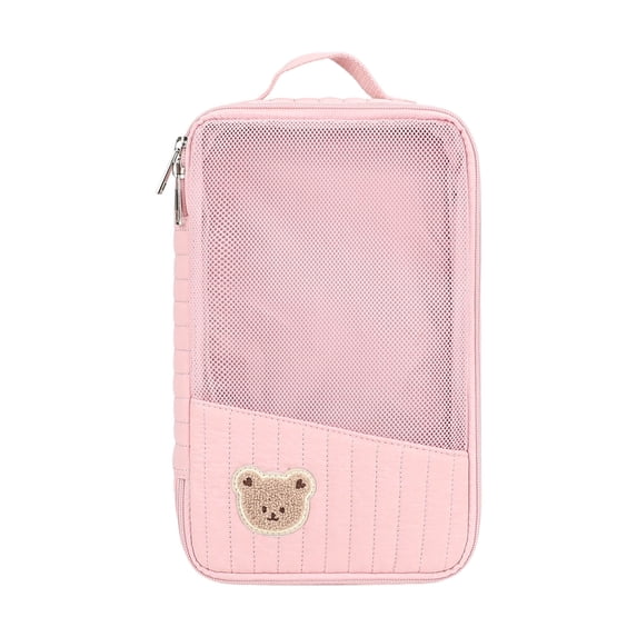 SUYOLL Pink Cartoon Bear Quilted Mesh Storage Pouch Organizer Cube Portable For Travel Toiletries Organization Saving Space