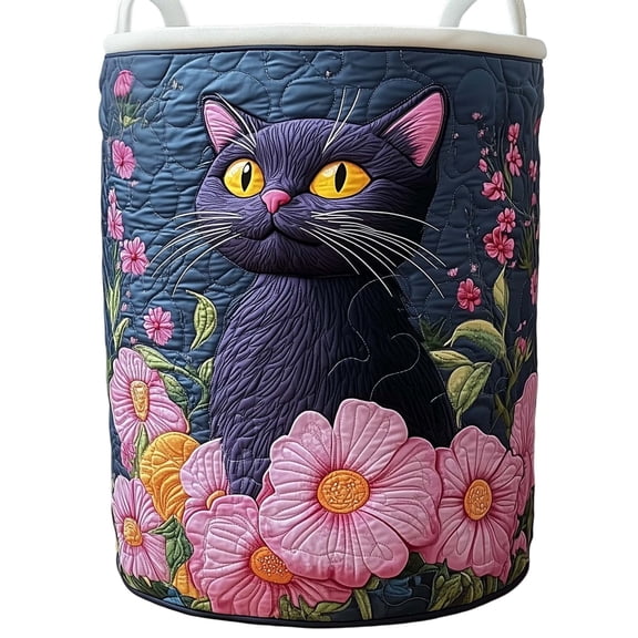 SUYOLL Quilted Laundry Basket With Handles Floral Cat Print Storage Hamper For Bedroom Laundry Room And Home Organization