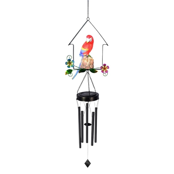 SUYOLL Solar Powered Garden Creative House Shaped Wind Chime Outdoor Hanging With LED Lights Weather Patio Ornament For Yard Housewarming Red Parro
