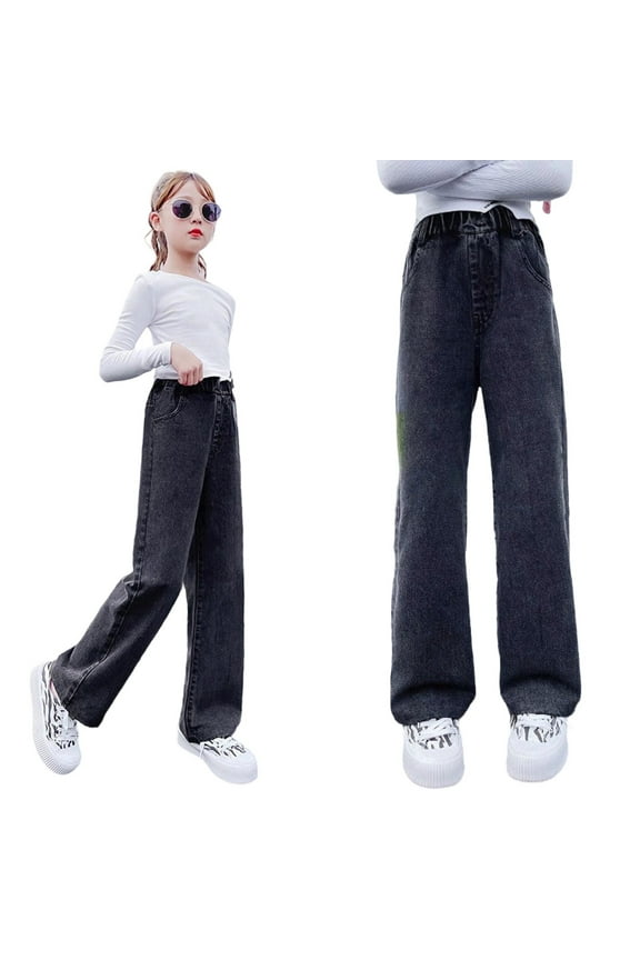 Teen Girls Casual Pants Straight Leg Wide Jeans Comfortable Elastic Waist Summer Fall Everyday Wear Classic Style