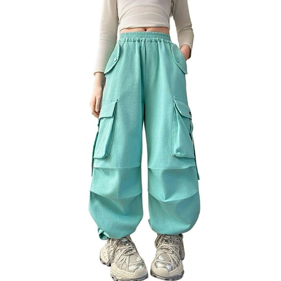 SUYOLL Teen Girls Casual Trousers Loose Fit Stretchy Waist Pocket Cargo Jogger Outdoor Play Comfortable Denim Elastic Waistband Quick-Drying Fabric