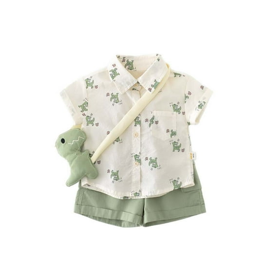 SUYOLL Toddler Boys Summer Outfits Sets Cartoon Dinosaur Printed Short Sleeved Breathable Shirt Work Pants Two Piece Set with Adjustable Straps Doll Accessory Bohemian Style