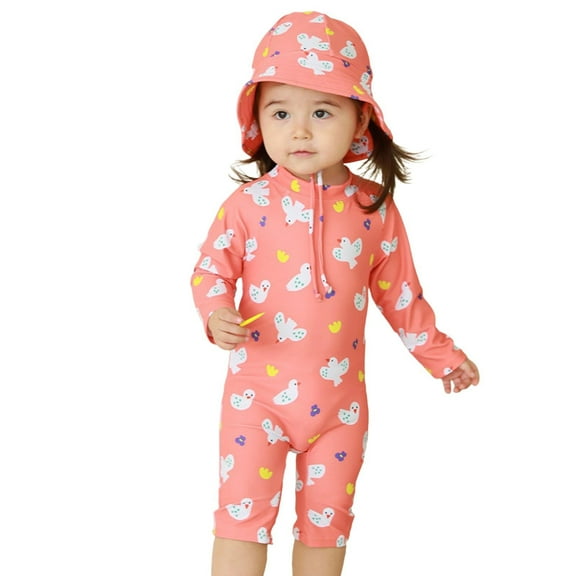SUYOLL Toddler Girls Swimsuit Long Sleeve Full Coverage Sunsuit and Matching Hat Pool Beach and Lake Activities 1-7 Years Water Sport Swimsuit