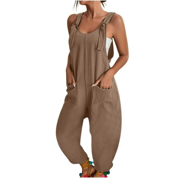SUYOLL Women Casual Jumpsuits U Neck Sleeveless Spaghetti Strap Baggy Overalls Solid Color with Pocket Comfy Daily Overalls