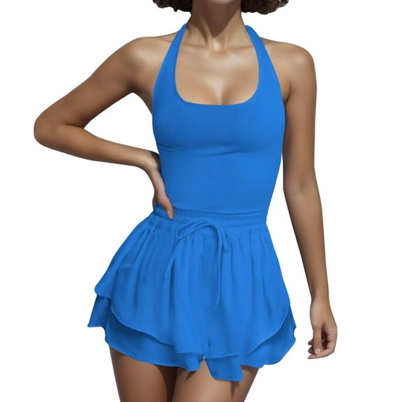 SUYOLL Women Romper Solid Color Sleeveless Flared Running Workout Summer Gym Yoga Clothes Casual Athleisure