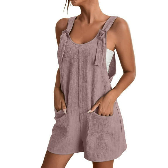 SUYOLL Women Romper Tie Shoulder Solid Color Overall Shorts Scoop Neck with Pockets Soft Breathable Casual Athleisure